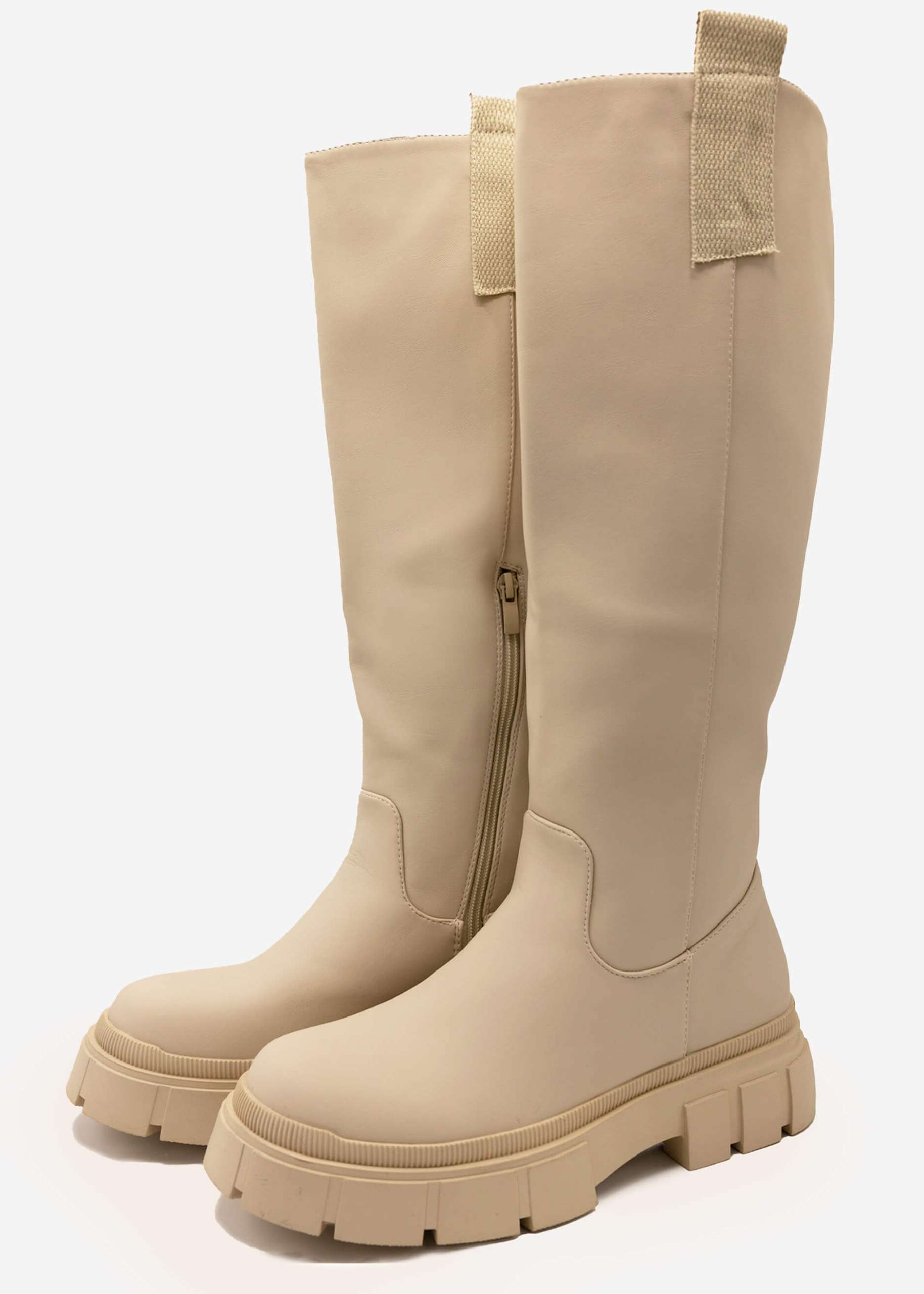 Kniehohe Stiefel mit Laschen, hellbeige