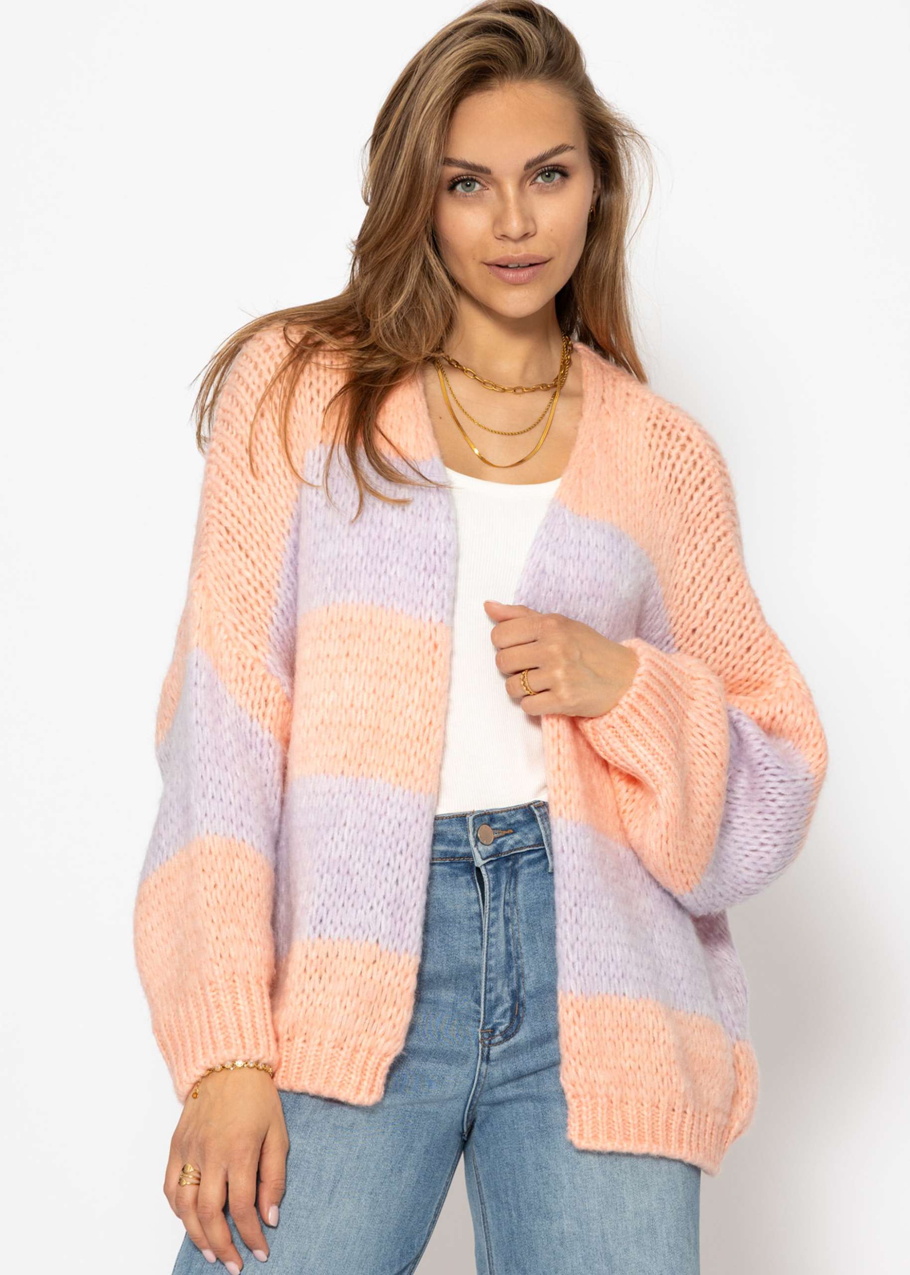 Gestreifter oversize Cardigan - peach-flieder