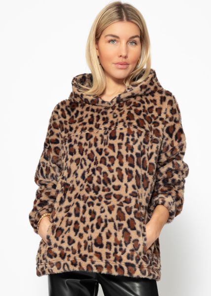 Oversize Teddy Hoodie in Leo-Print - beige