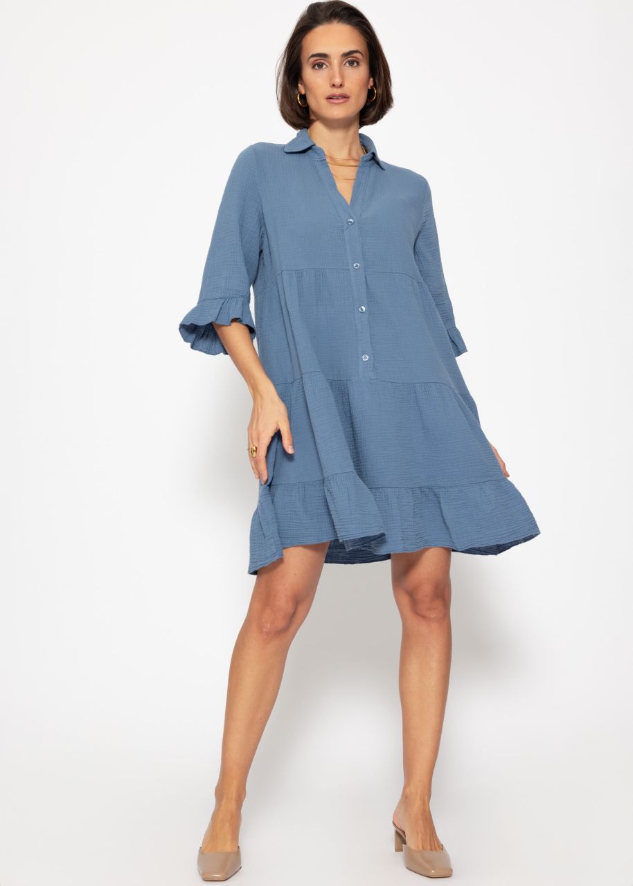 Musselin Kleid mit Volants - jeansblau