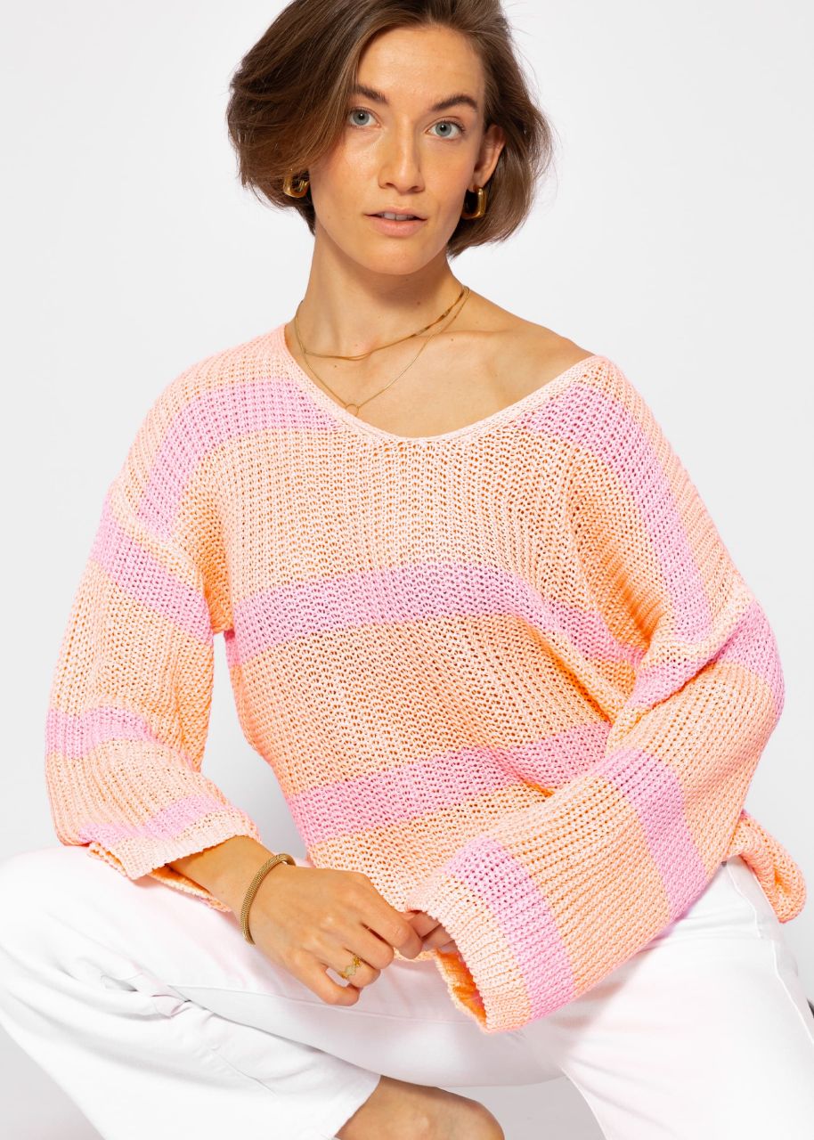 Gestreifter Baumwoll Pullover - peach-flieder