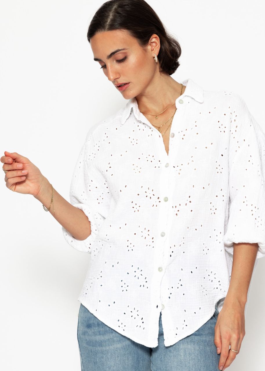 Kurzarm Musselin Bluse mit Lochstickerei - weiß