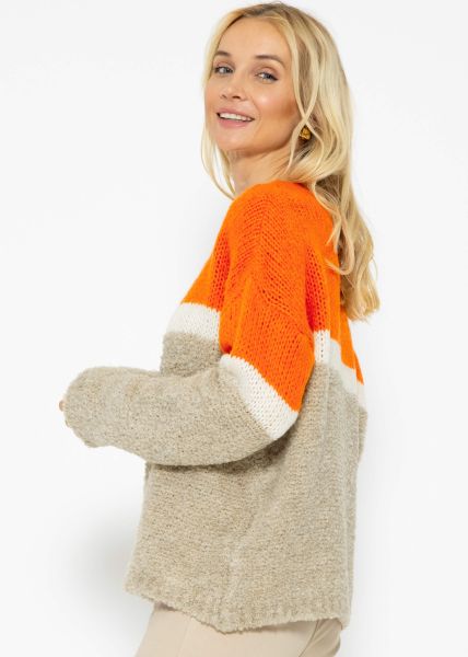Flauschiger Pullover mit Streifendesign - orange-offwhite-beige