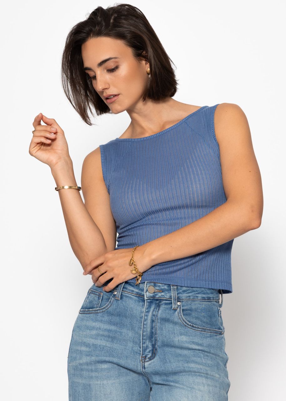 Leicht transparentes Top mit Rippstruktur - jeansblau