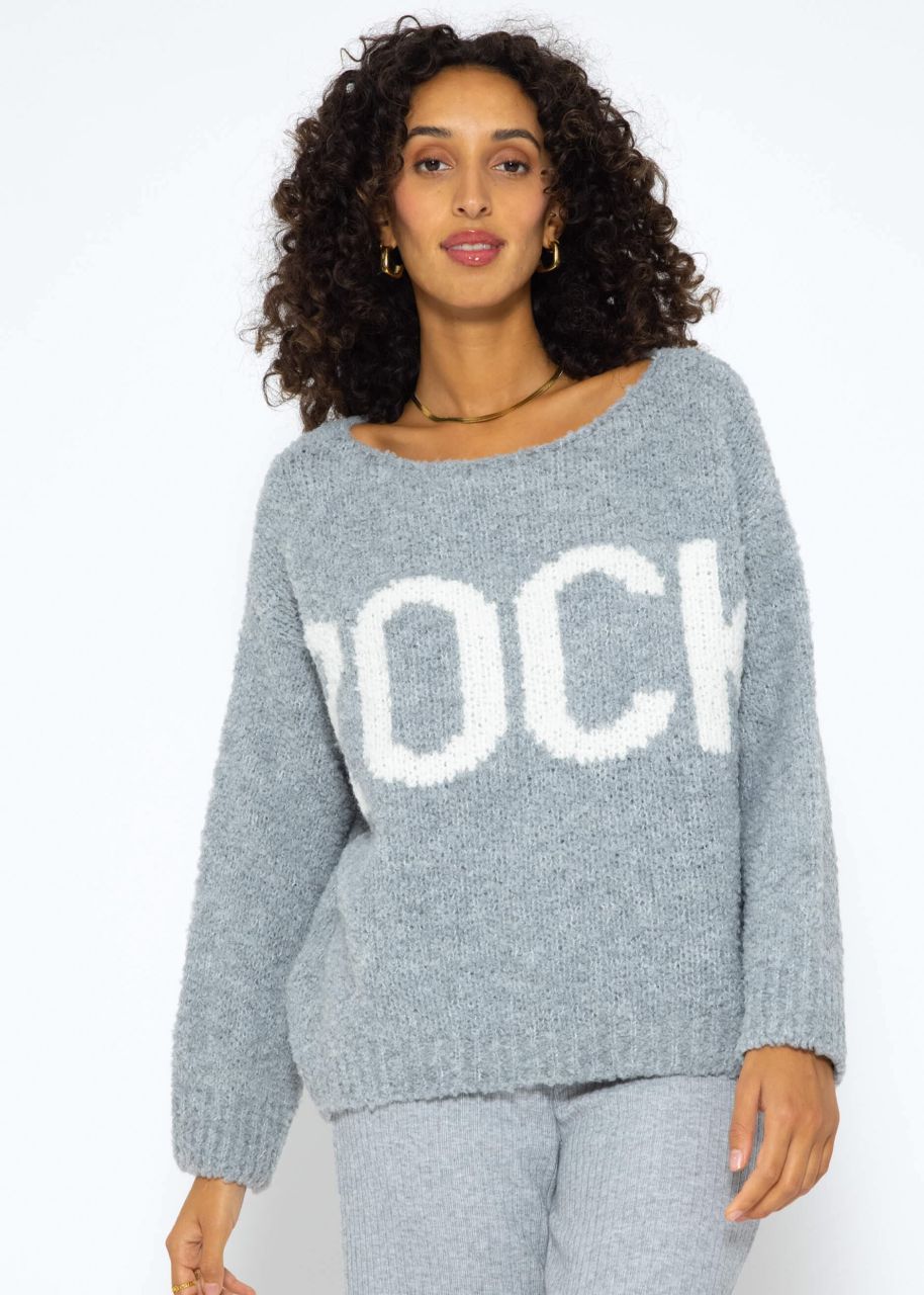 Oversize Pullover mit "Rock"-Schriftzug - grau-weiß