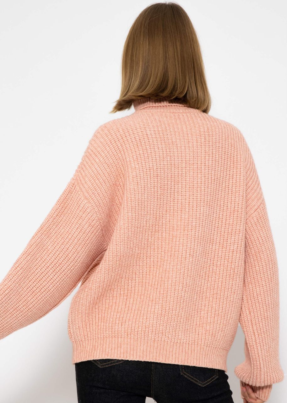 Rollkragenpullover mit Zopfmuster - rosa