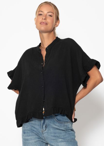 Musselin Bluse mit Rüschensaum - schwarz