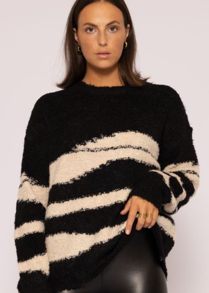Bouclé-Pullover mit Musterung, schwarz