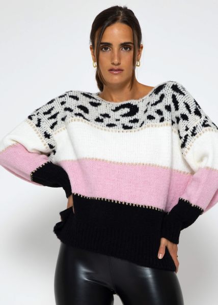 Oversize Pullover mit Leo-Print - offwhite-rosa-schwarz