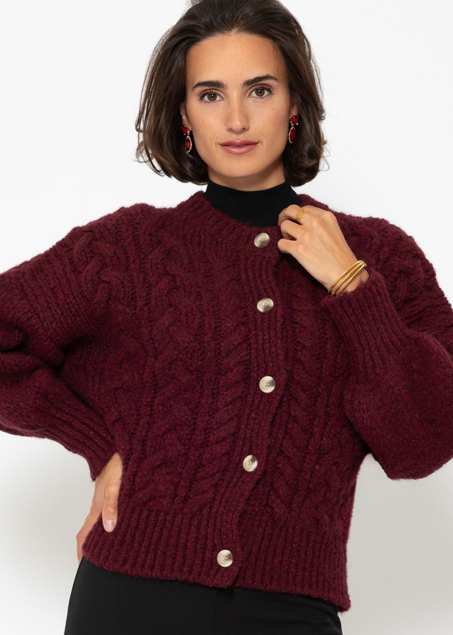 Super flauschige Strickjacke mit Zopfmuster - burgundy