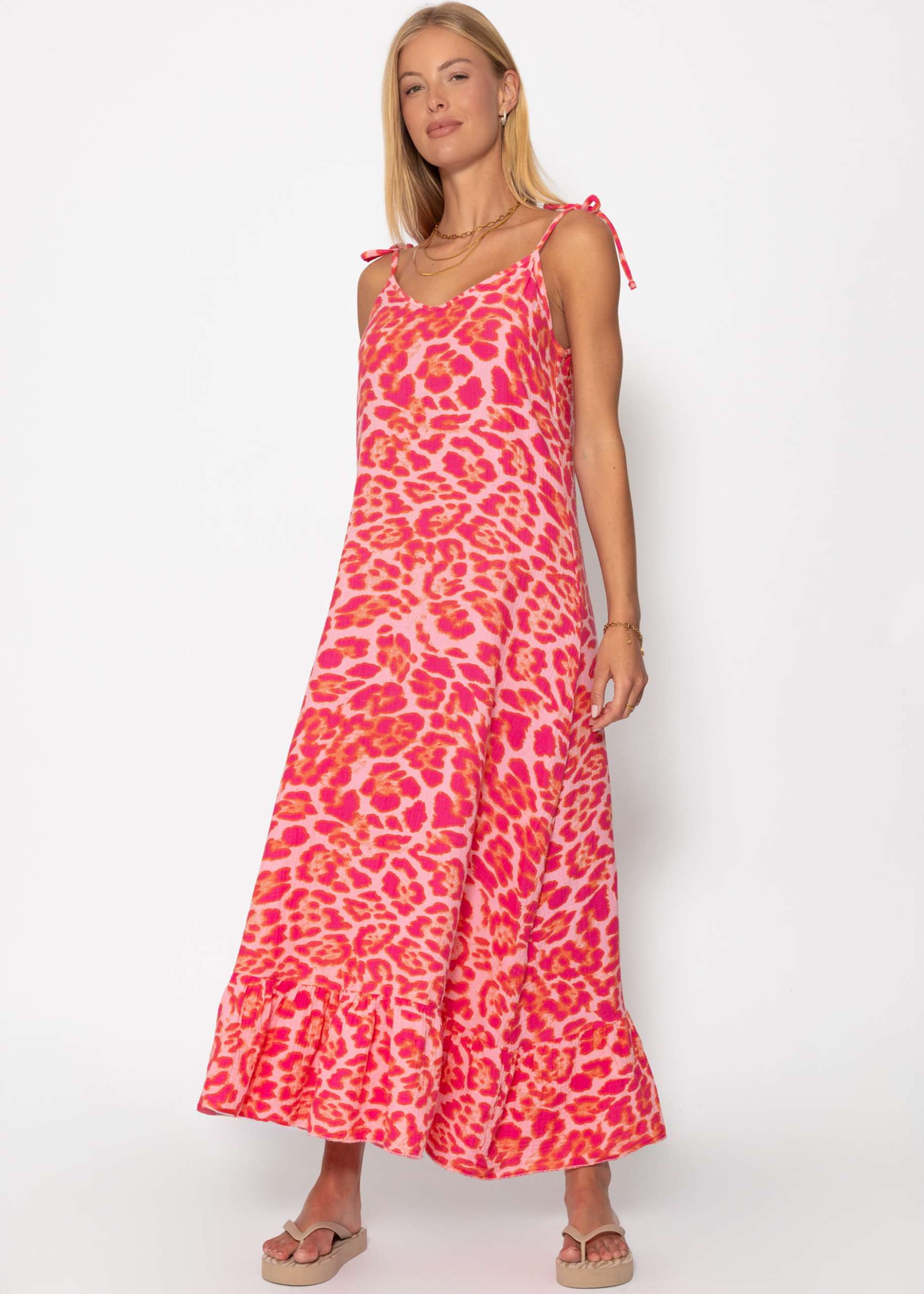 Musselin Maxi Kleid mit Leo-Print - pink