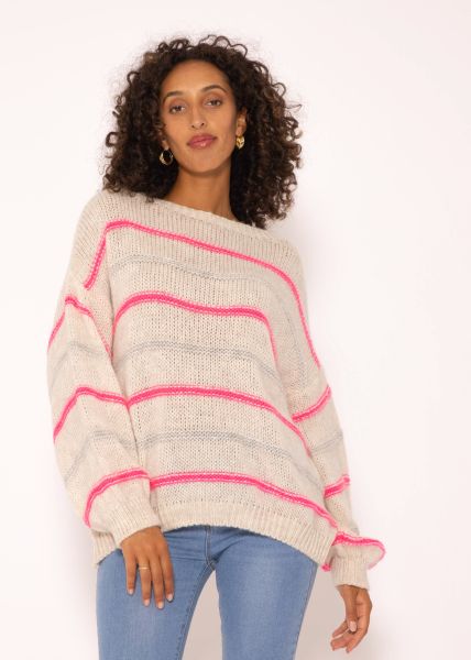 Strickpullover mit farbigen Streifen - hellbeige-pink-hellgrau