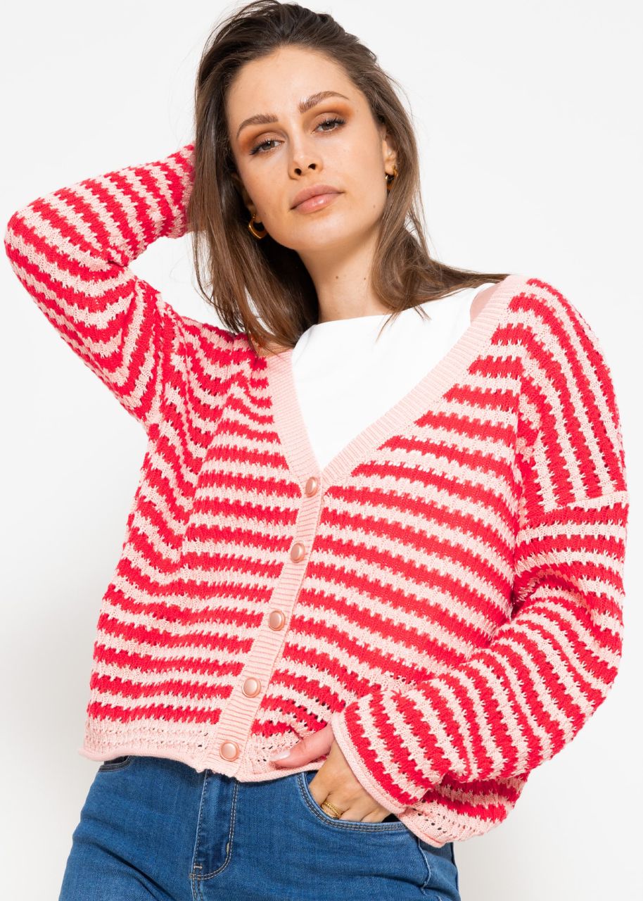 Strickjacke in Ajour-Strick - rosa-rot