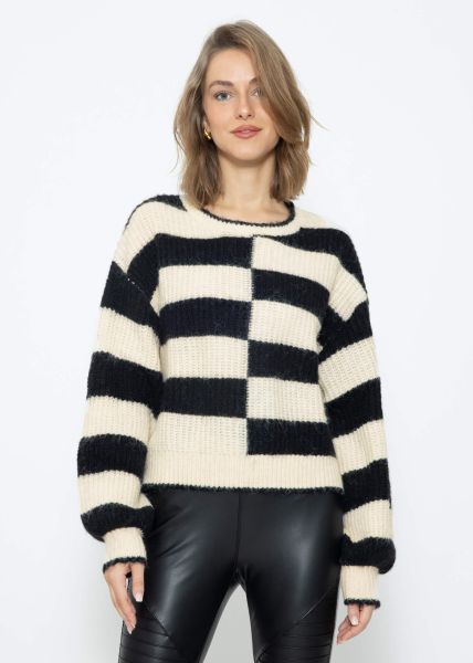 Flauschiger Pullover mit versetzten Blockstreifen - schwarz-offwhite