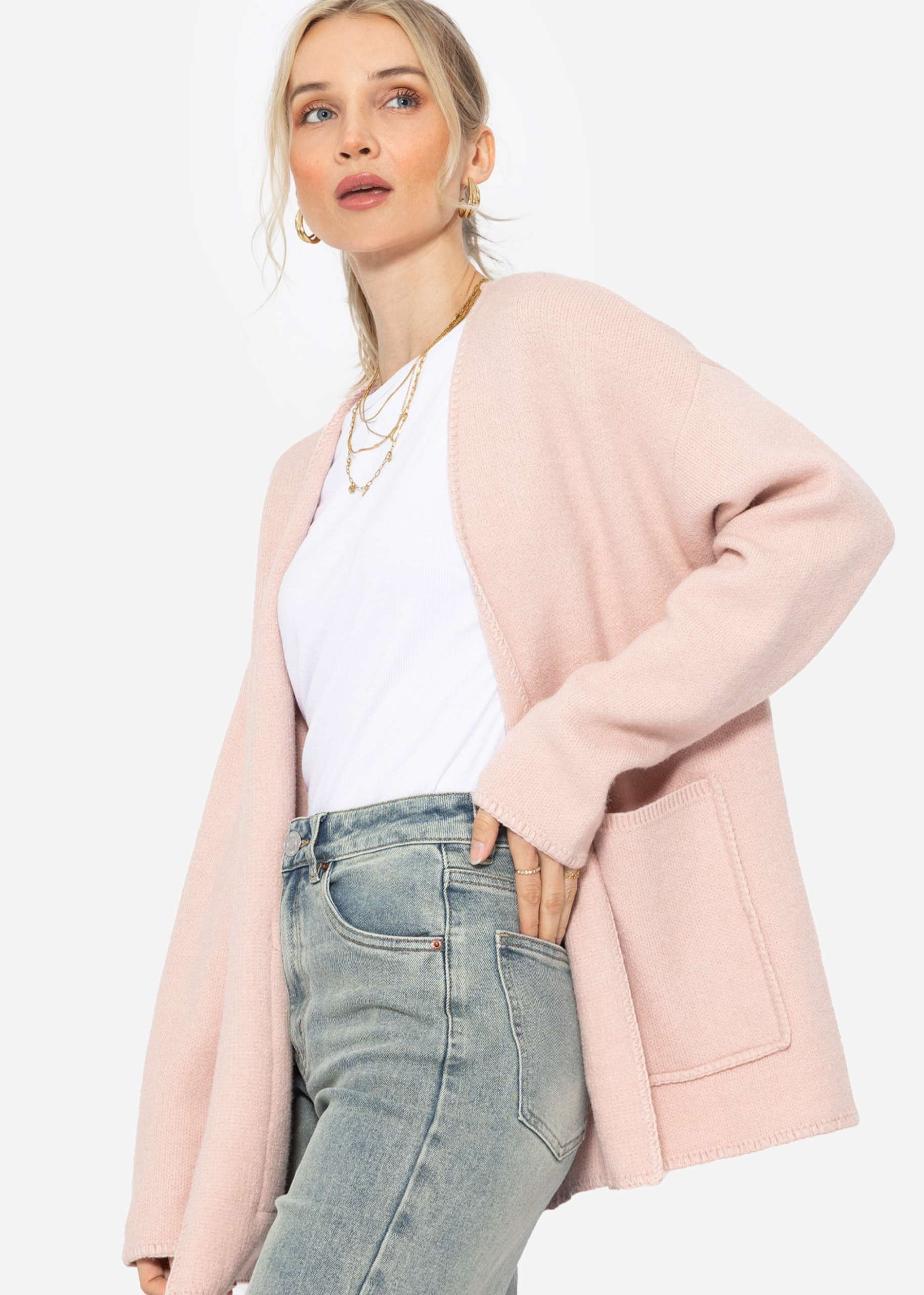 Offener Cardigan mit aufgesetzten Taschen - rosa