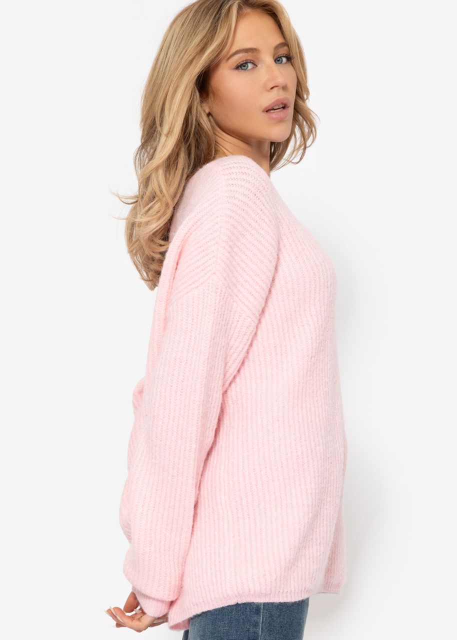 Gerippter Pullover mit V-Ausschnitt - rosa