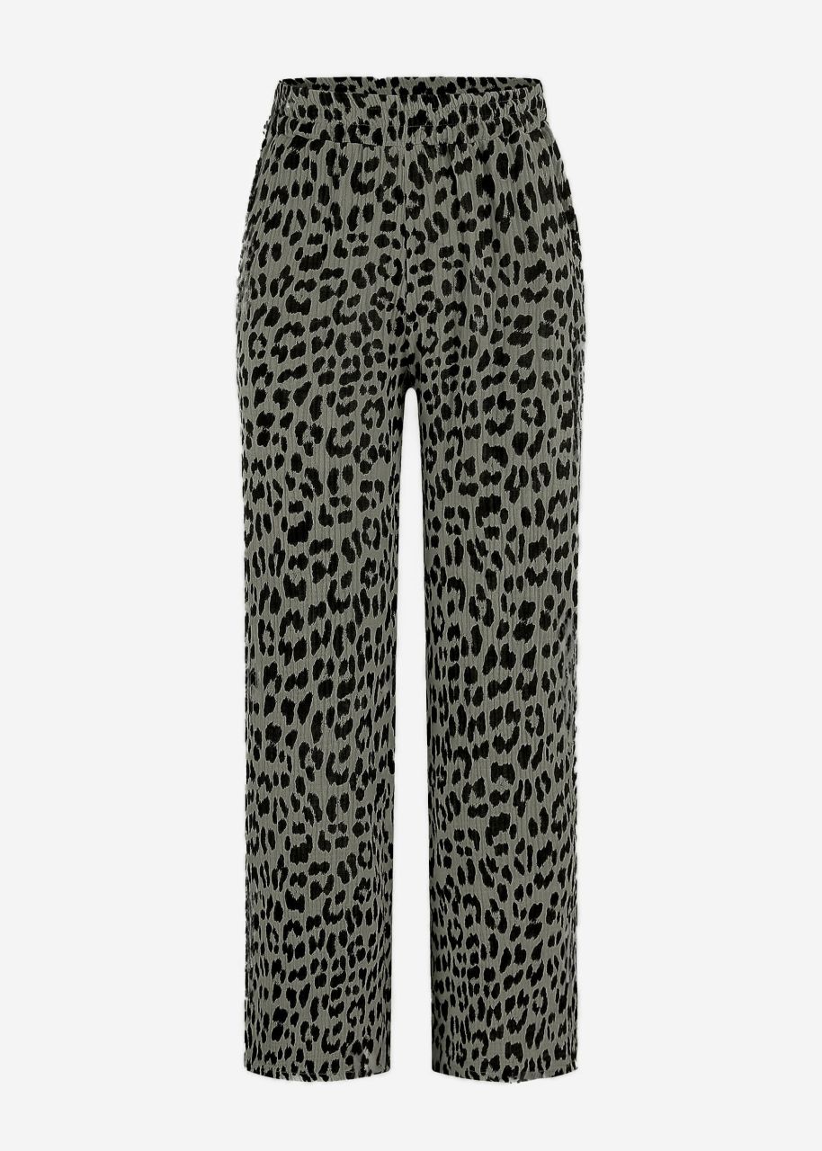 Musselin Pants mit weitem Bein in Leo-Print - khaki