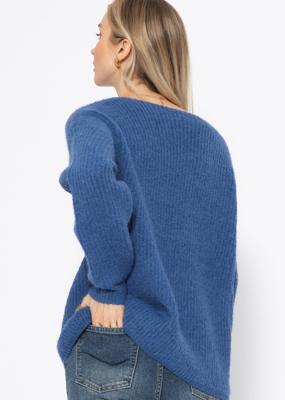 Gerippter Pullover mit V-Ausschnitt - blau