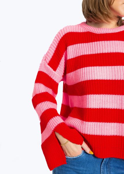 Gestreifter Pullover mit weiten Ärmel - rosa-rot