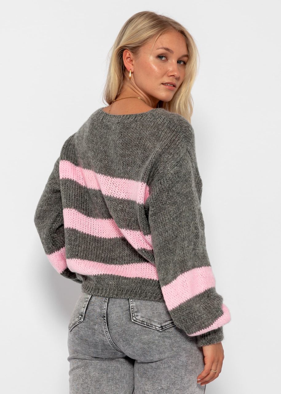 Pullover mit rosa Streifen - grau
