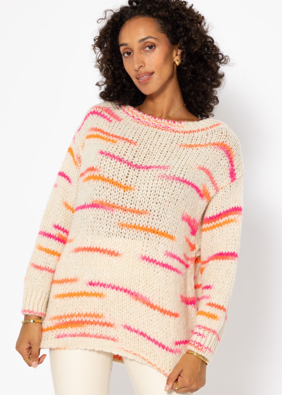 Oversize Pullover mit orange und pink Streifen - beige