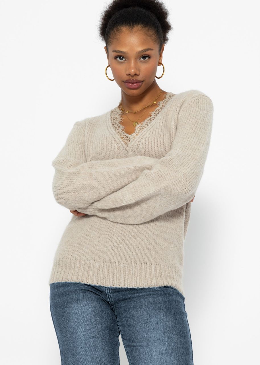 Pullover mit Spitzen-Ausschnitt - beige