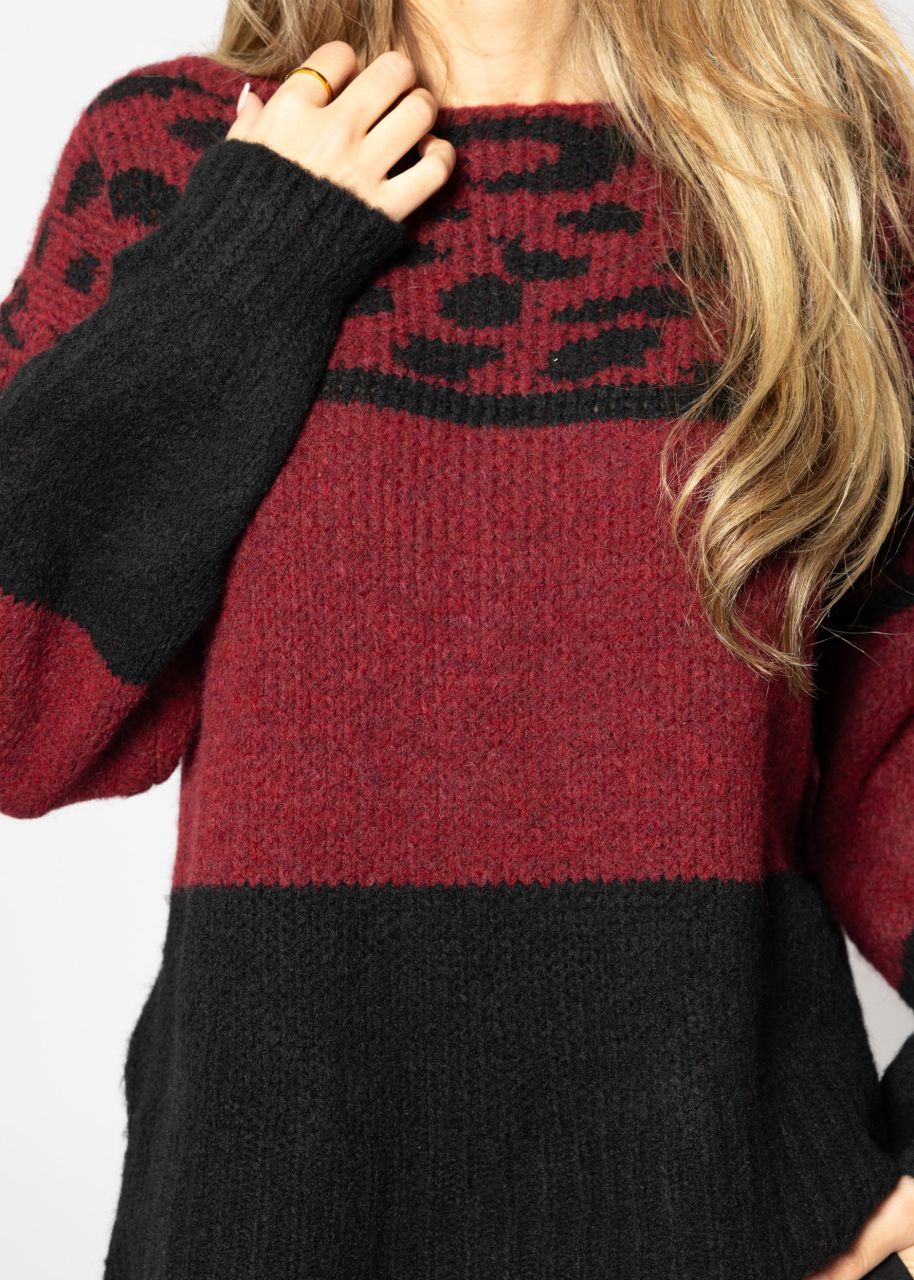 Oversize Pullover mit Leo-Print - burgundy-schwarz