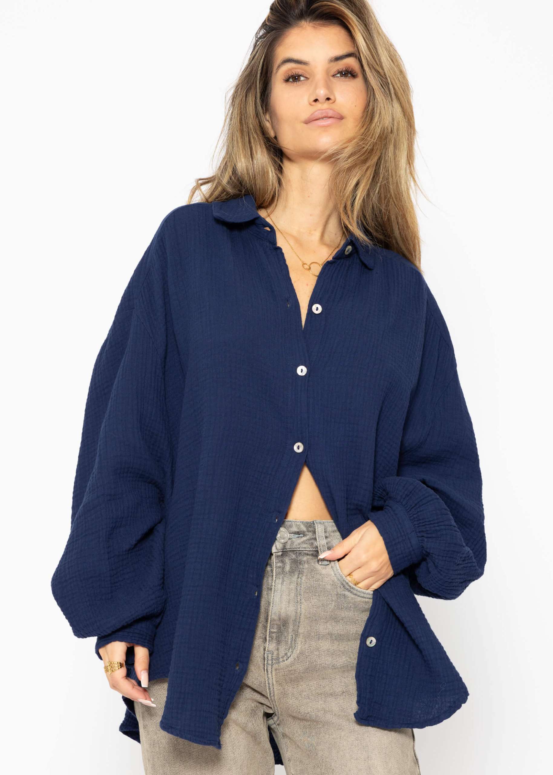 Musselin Bluse oversize, kurz, dunkelblau