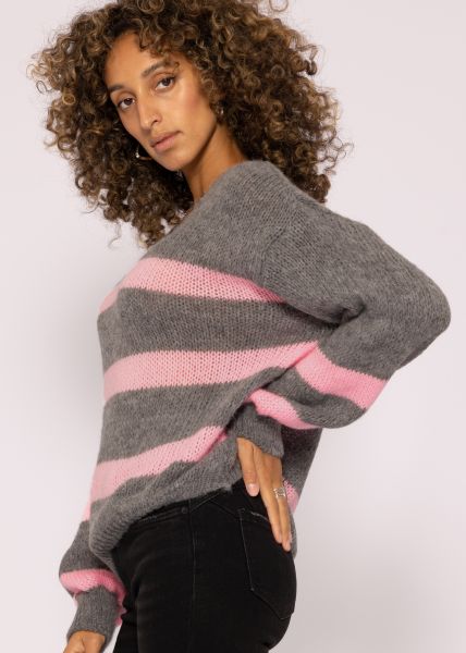 Pullover mit rosa Streifen, grau