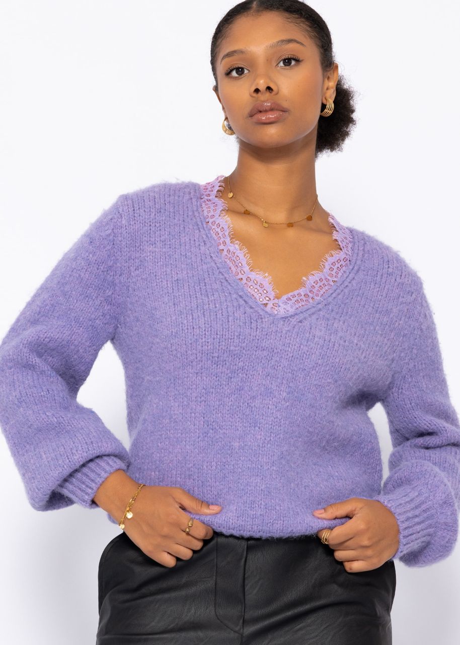 Pullover mit Spitzen-Ausschnitt - lila