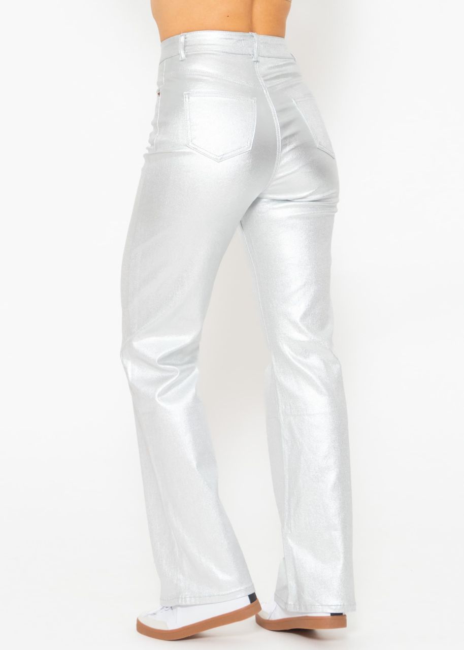 Highwaist Jeans, metallic, mit geradem Bein - silber
