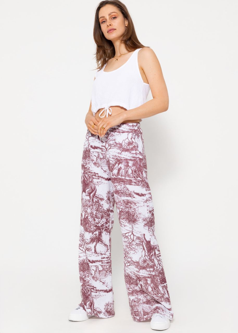 Musselin Pants mit weitem Bein und Print - weinrot