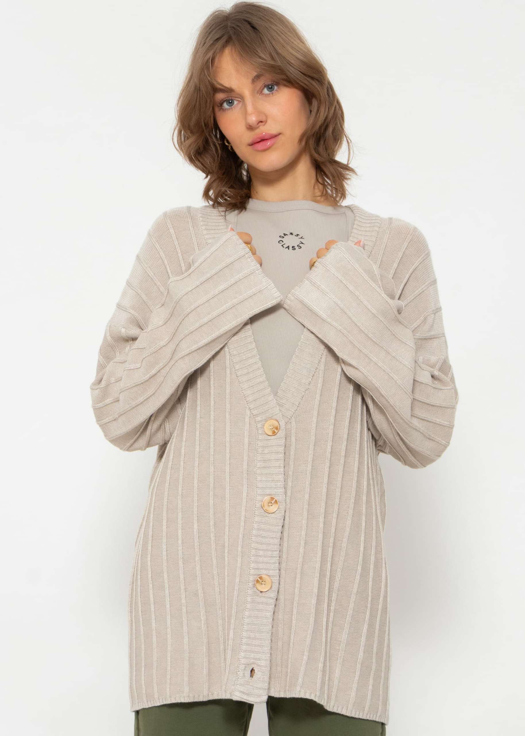 Fließender Cardigan mit Rippenstruktur - beige