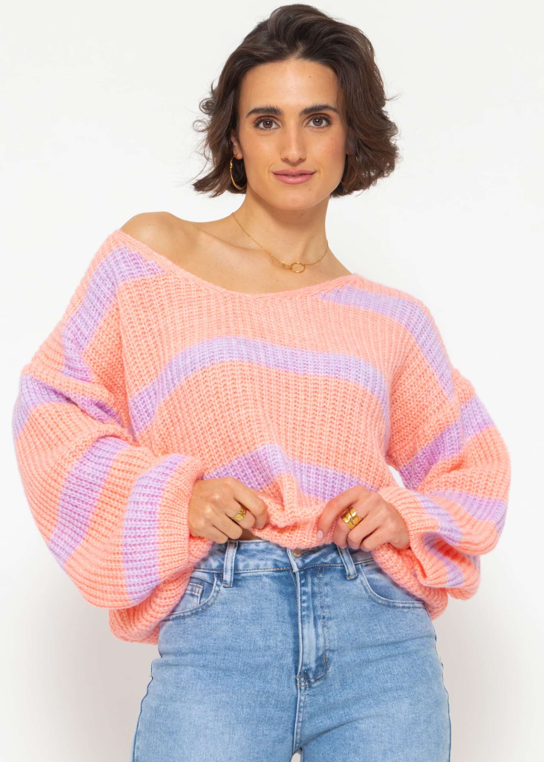 Pullover mit Streifen und V-Ausschnitt - peach-flieder