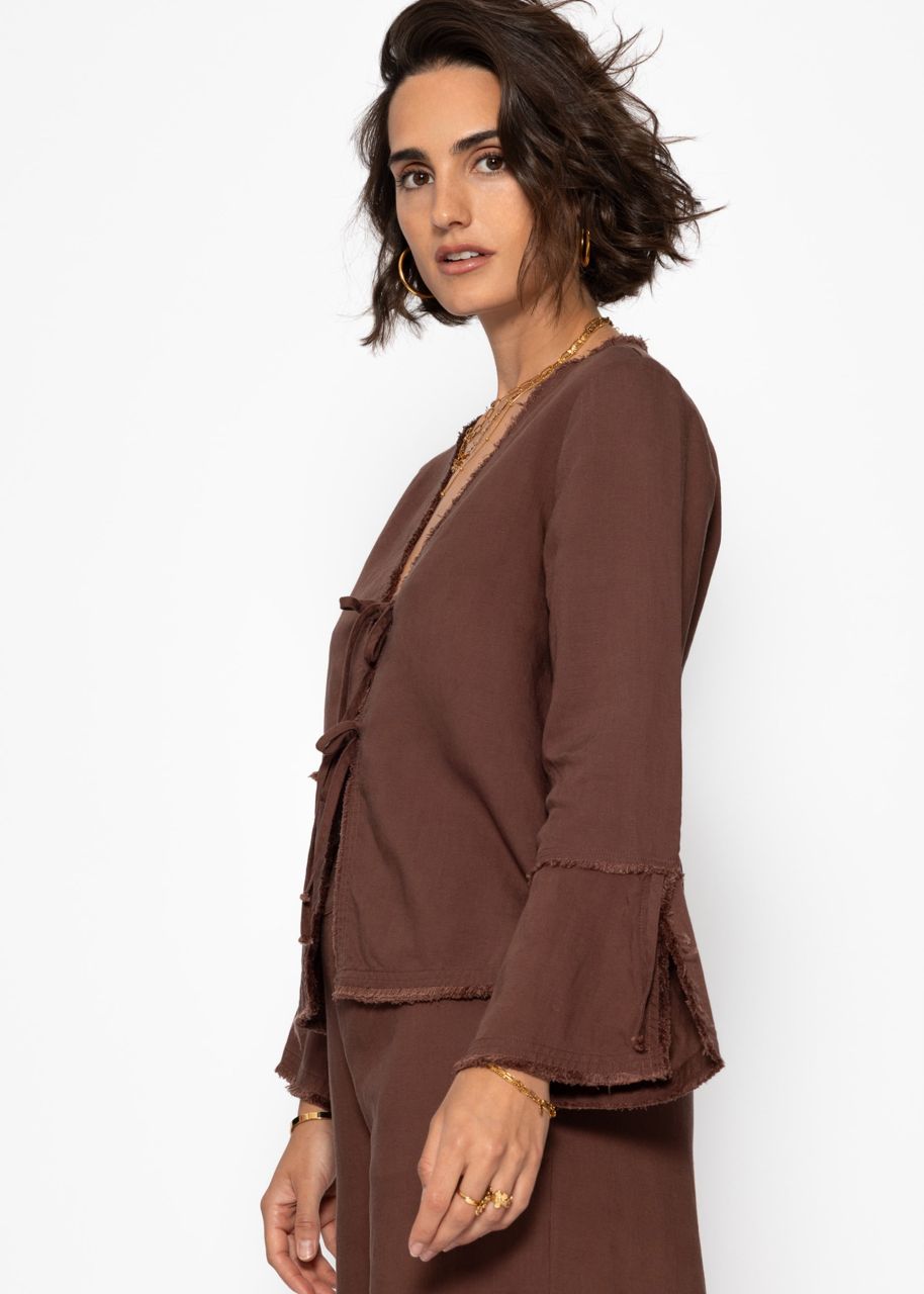 Leinen Bluse mit Trompetenärmel und Schleifenverschluss - braun