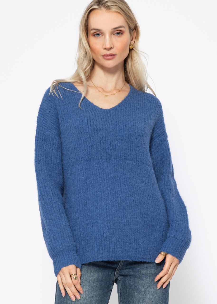 Gerippter Pullover mit V-Ausschnitt - blau