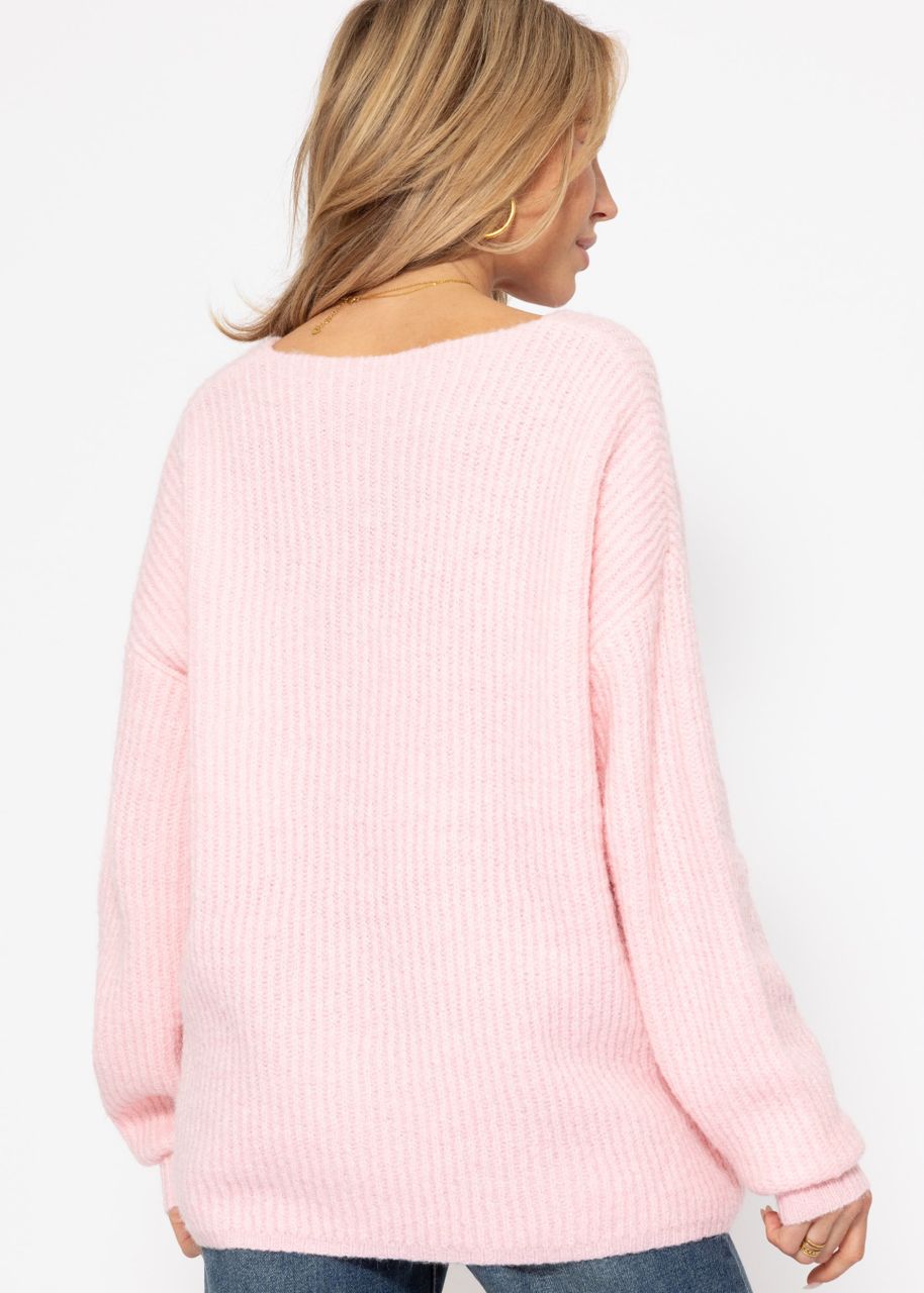 Gerippter Pullover mit V-Ausschnitt - rosa