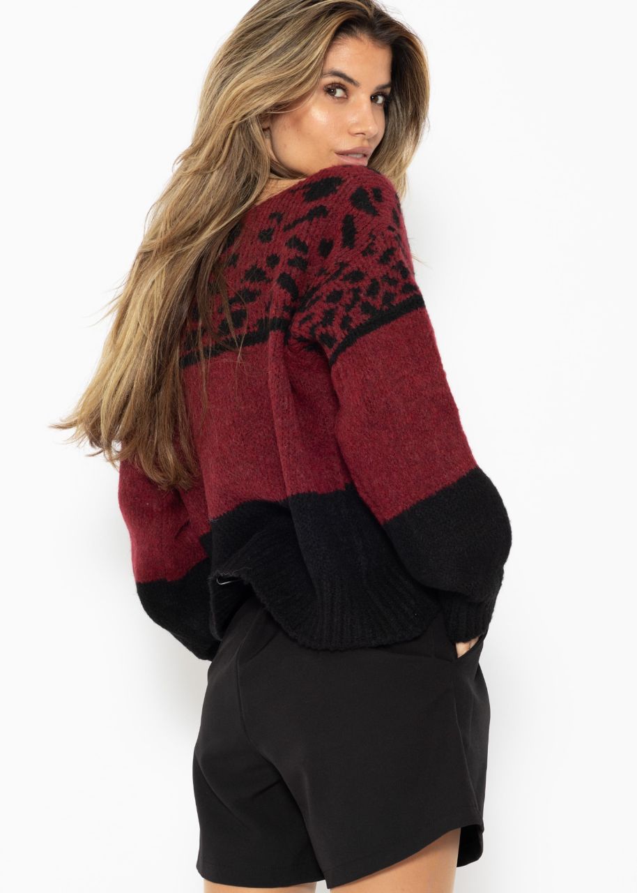 Oversize Pullover mit Leo-Print - burgundy-schwarz