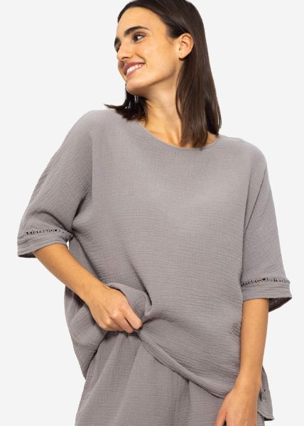 Musselin Pyjamashirt mit Spitzenborte - taupe