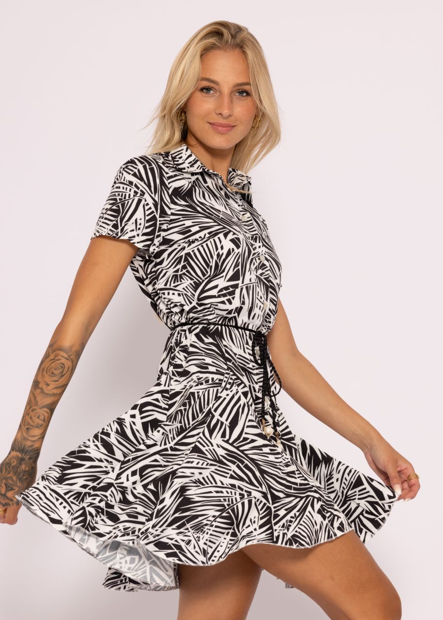 Hemdblusenkleid mit Palmen- Print, schwarz/weiß
