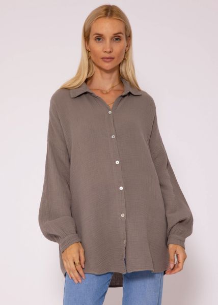 Musselin Bluse mit abgerundetem Saum - taupe