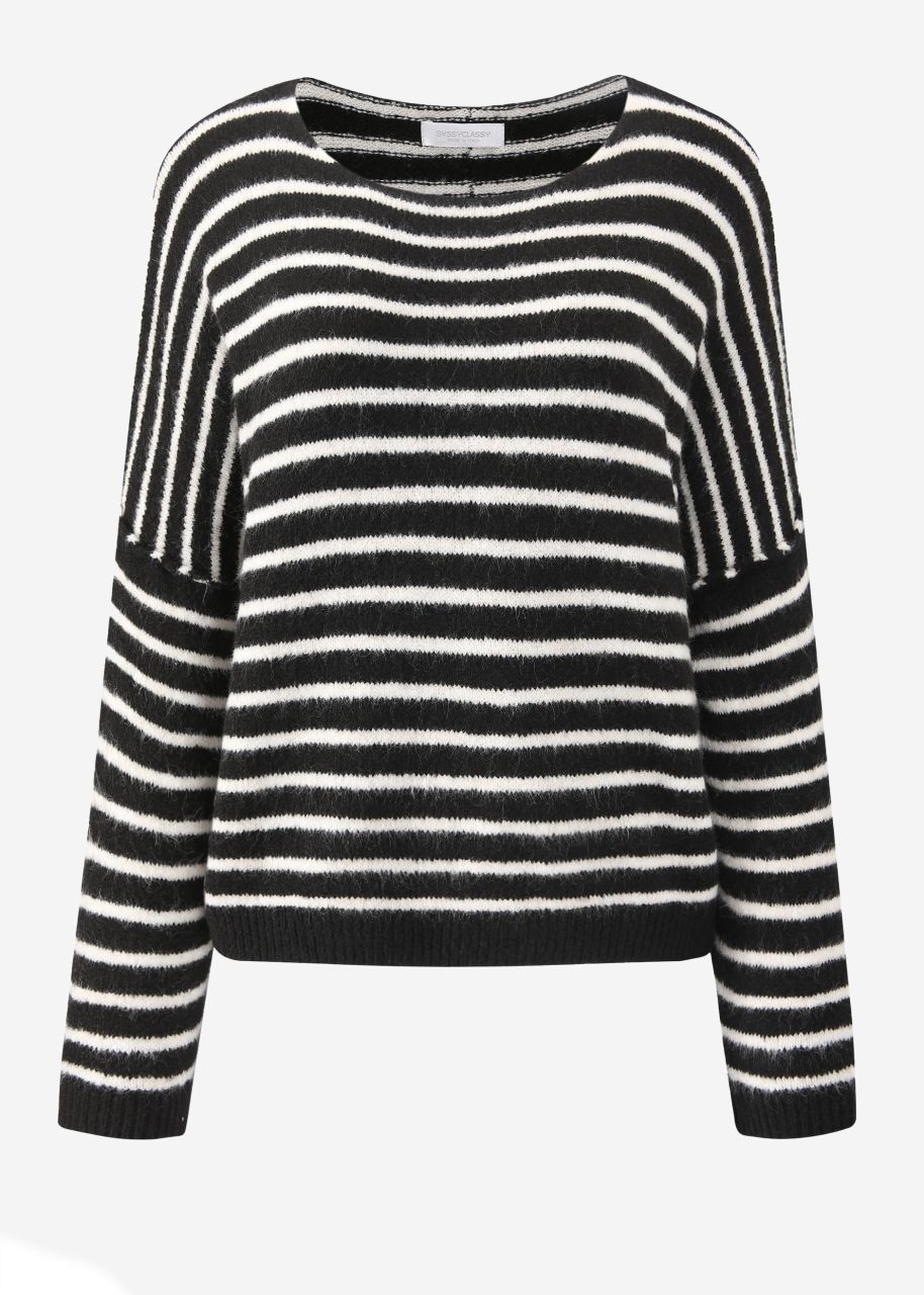 Gestreifter Oversize Pullover mit Rückennaht - schwarz-offwhite