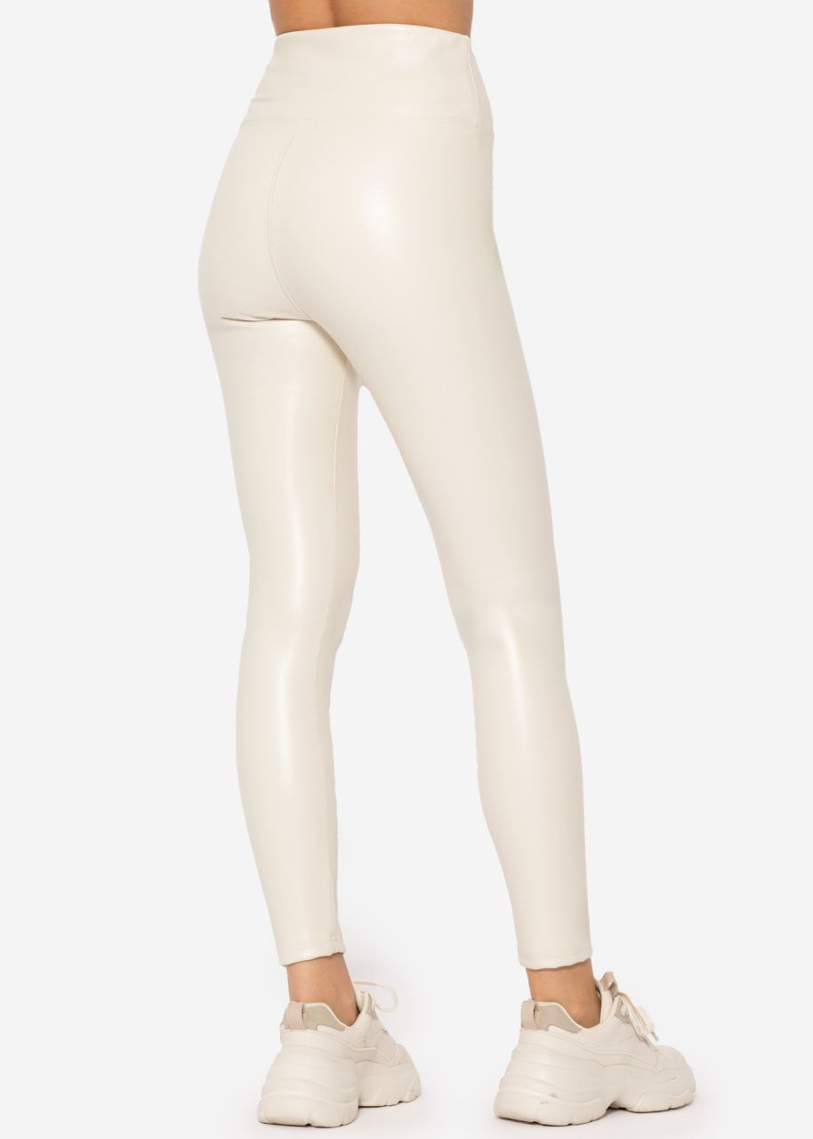 High-Rise Thermo Lederleggings mit breitem Bund - offwhite