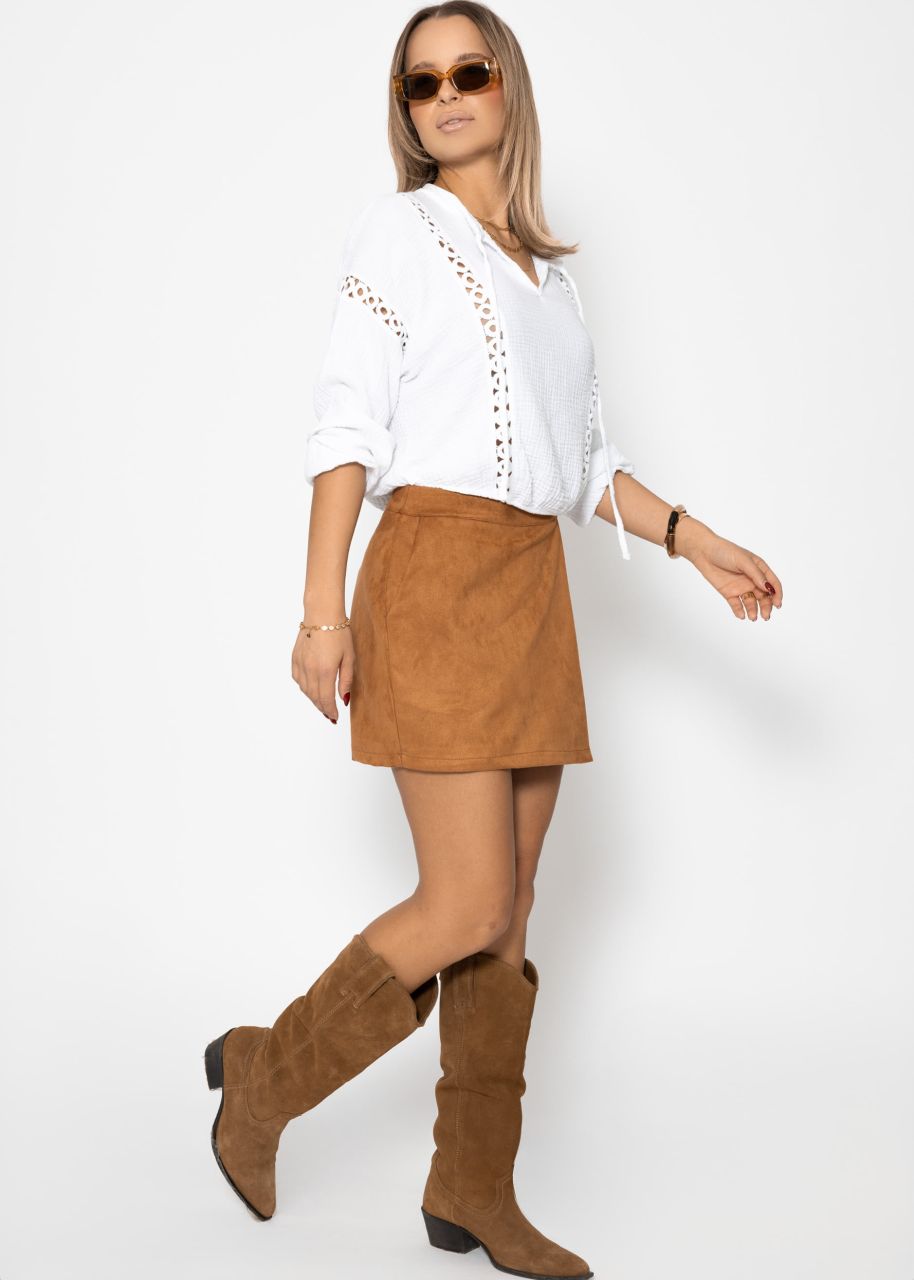 Bluse aus Musselin mit Spitzeneinsatz - weiß