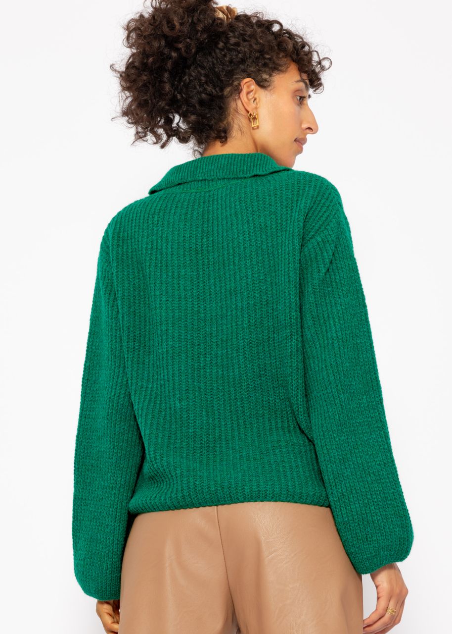 Oversize Pullover mit V-Ausschnitt und Kragen - grün