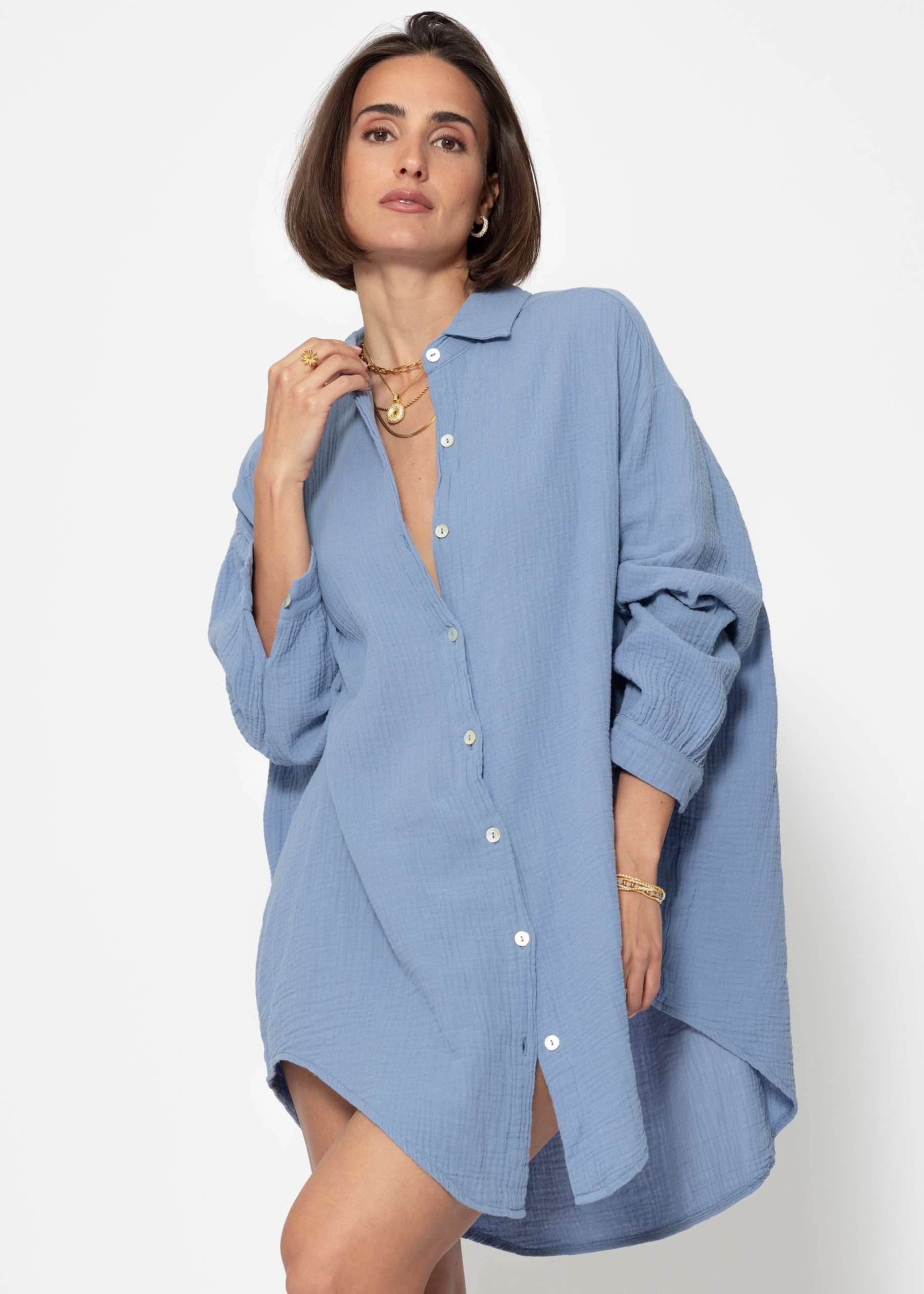 Musselin Bluse oversize, blau