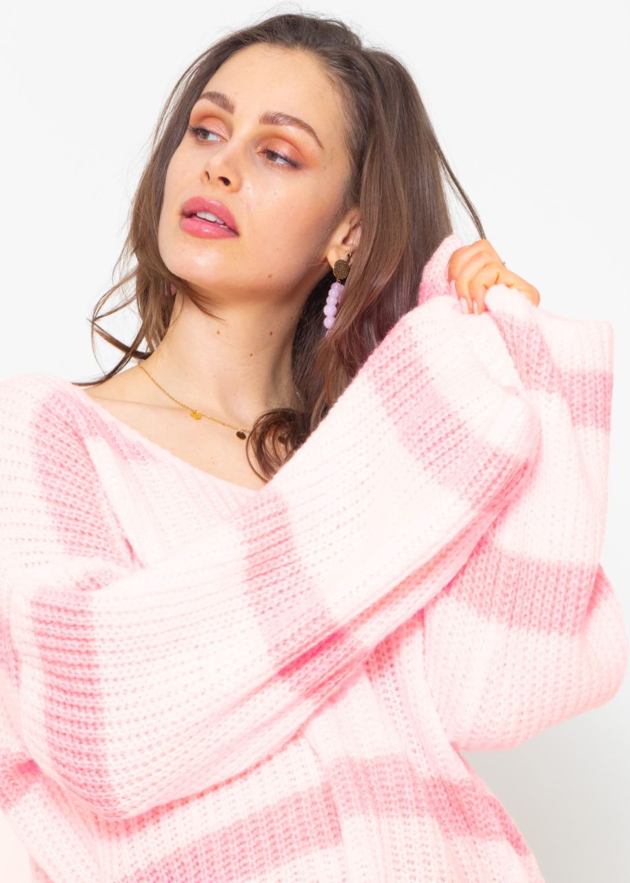 Pullover mit Streifen und V-Ausschnitt - hellrosa-rosa