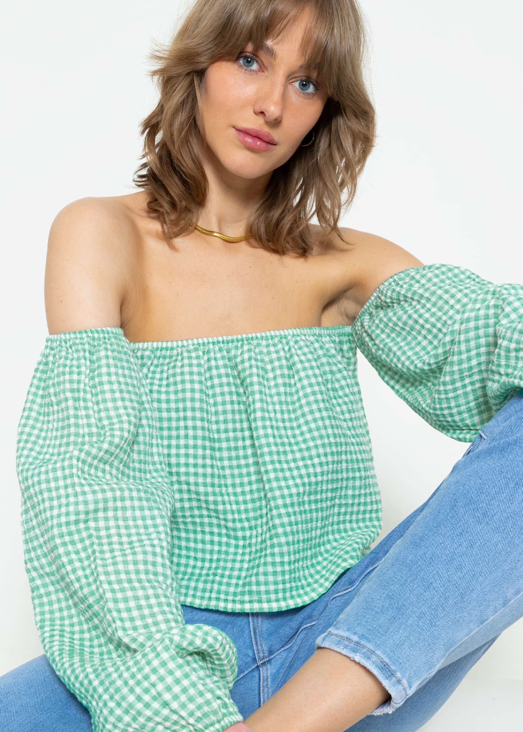 Musselin Top mit Vichy-Print, schulterfrei - salbeigrün-weiß