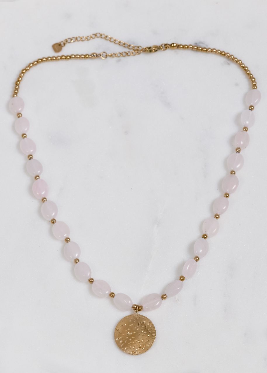 Halskette mit Quartz Rose Perlen, gold