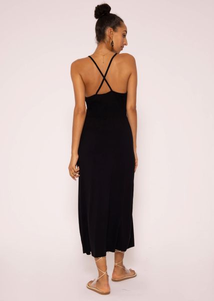 Langes Jerseykleid mit Spaghettiträgern, schwarz